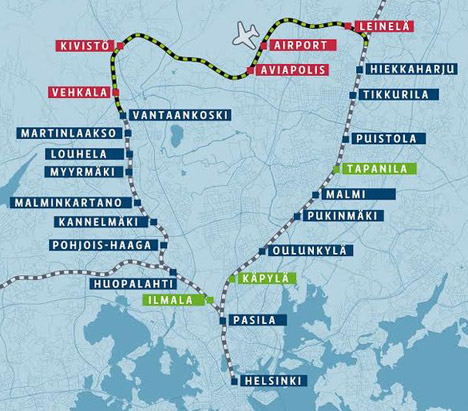 Map of I and P train routes to Helsinki